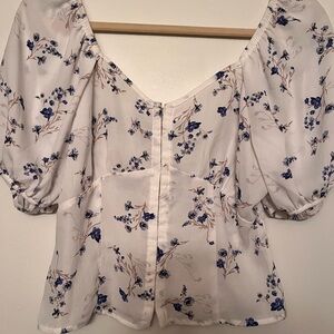 Sienna Sky Puff Sleeve Ruffled Blouse in White and Blue